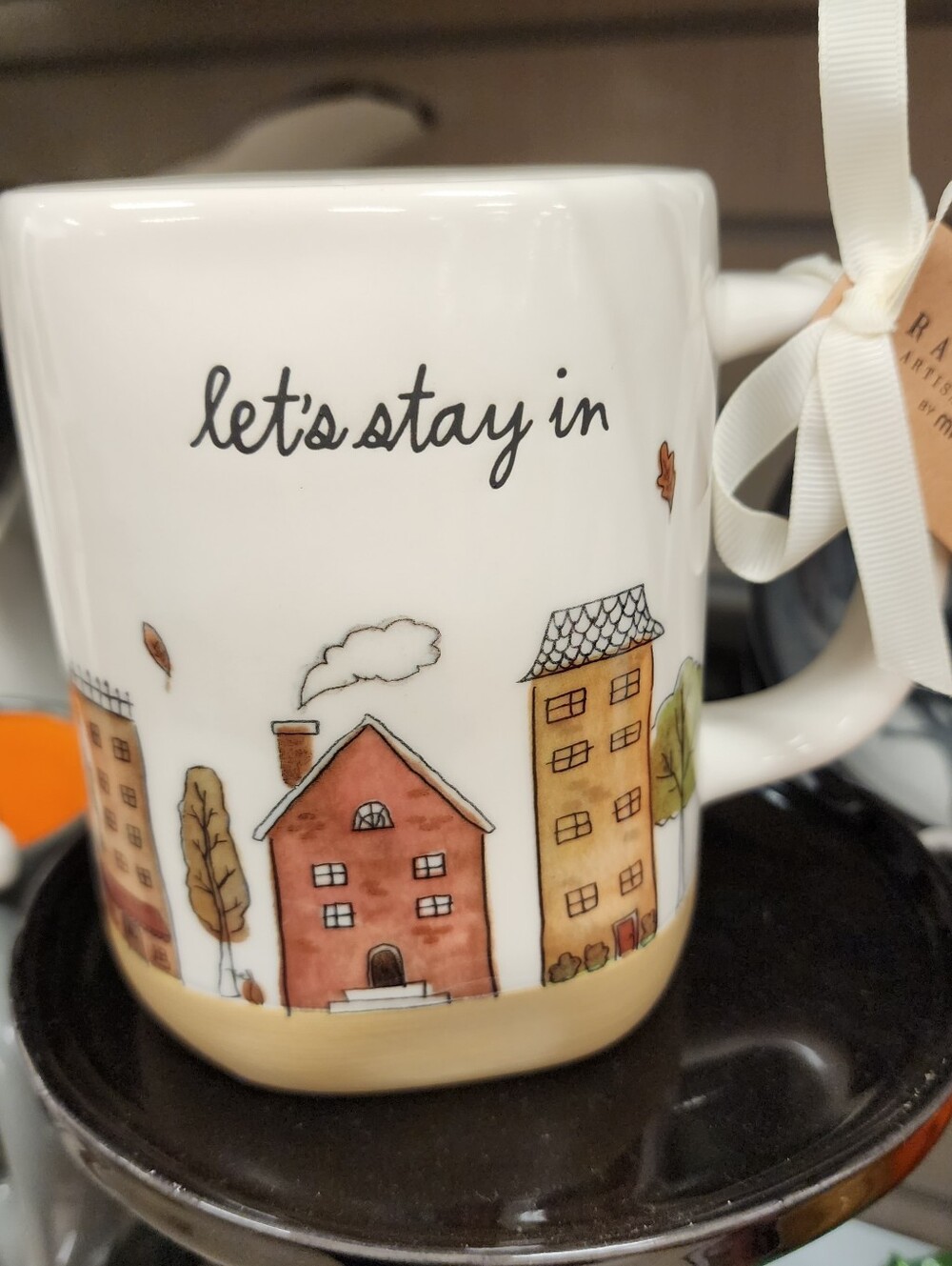 Brand New 2026 Rae Dunn Let's Stay In White Ceramic Mug with Autumn Houses